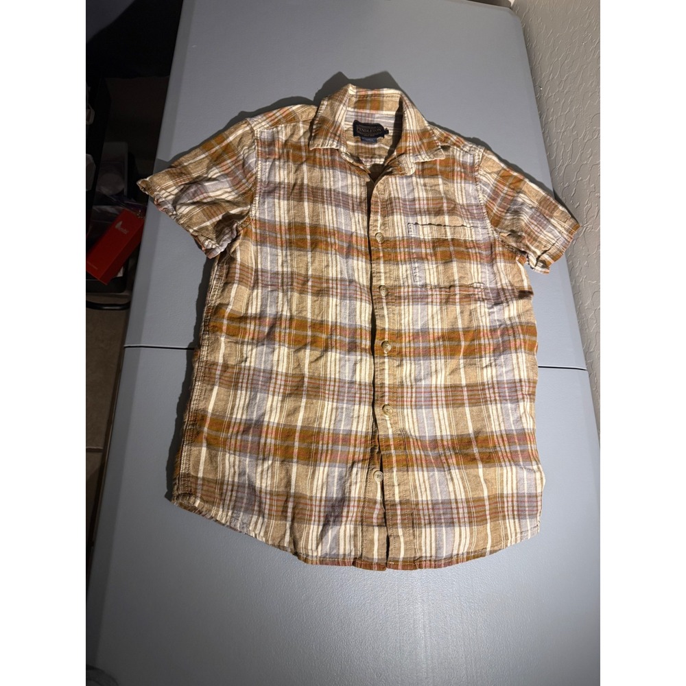 Pendleton Mens Small Plaid Linen Blend Short Sleeve Shirt RA700-79224